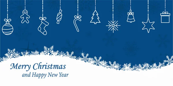 Kış ve Noel arka planında kar taneleri. Noel süsleri asılıyor. Tebrik kartı için Noel arkaplanı. Yeni yıl ve Noel tebrik kartı. Mavi arka plan. Vektör illüstrasyonu