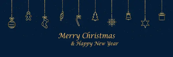 Kış tatili arka planında Noel süsleri asılı duruyor. Tebrik kartı için Noel arkaplanı. Yeni yıl ve Noel tebrik kartı. Mavi arka plan. Vektör illüstrasyonu