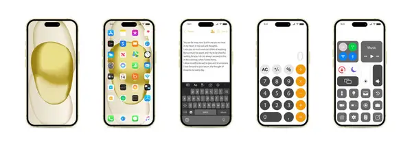 Apple iPhone 15 ekranında IOS 16 simgeleri. Elma arayüzü. Popüler uygulamalar. Apple ID, Swift UI, Apple Store, Widgets, Podcast, iTunes, iBooks, Apple TV, Clock, Wallet, Harita. Kyiv, Ukr - 16 Ekim 2023
