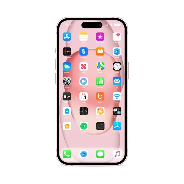 Apple iPhone 15 ekranında IOS 16 simgeleri. Elma arayüzü. Popüler uygulamalar. Apple ID, Swift UI, Apple Store, Widgets, Podcast, iTunes, iBooks, Apple TV, Clock, Wallet, Harita. Kyiv, Ukr - 16 Ekim 2023