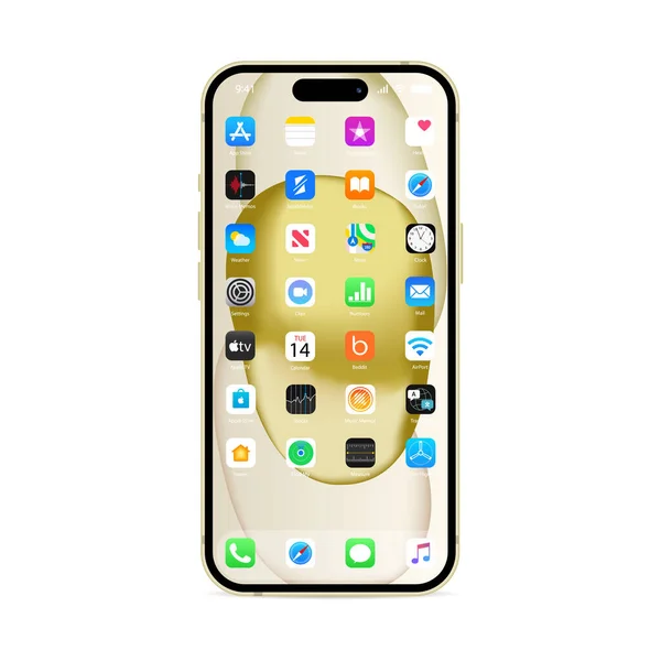 Apple iPhone 15 ekranında IOS 16 simgeleri. Elma arayüzü. Popüler uygulamalar. Apple ID, Swift UI, Apple Store, Widgets, Podcast, iTunes, iBooks, Apple TV, Clock, Wallet, Harita. Kyiv, Ukr - 16 Ekim 2023