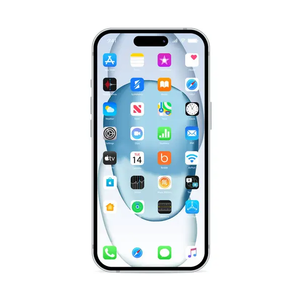 Apple iPhone 15 ekranında IOS 16 simgeleri. Elma arayüzü. Popüler uygulamalar. Apple ID, Swift UI, Apple Store, Widgets, Podcast, iTunes, iBooks, Apple TV, Clock, Wallet, Harita. Kyiv, Ukr - 16 Ekim 2023
