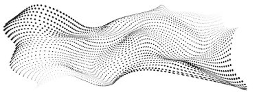 Akan noktalı çizgi dalgası. Yarı renkte. Beyaz arkaplanda yarım ton eğri şekil. 3 boyutlu vektör dalga deseni. Vektör illüstrasyonu.