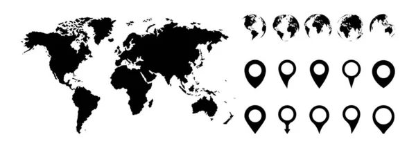 Dünya gezegeni. Dünya, beyaz arkaplanda Dünya haritası. Harita işaretleyicisi. İşaretçi sembolü, iğne hattı. Yer işareti. Navigasyon haritası, GPS, yön, yer, pusula konsepti. Vektör illüstrasyonu