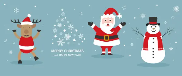 Geleneksel Noel sembolleri, dekorasyonlar. Kardan adam, Noel Baba, geyik, ren geyiği, Noel ağacı. Yeni yıl ve Noel sembolü. Vektör illüstrasyonu