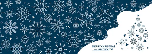 Kış arkaplanı ve kar taneleri. Noel ağacı. Tebrik kartı için Noel arkaplanı. Yeni yıl ve Noel tebrik kartı. Mavi arka plan. Vektör illüstrasyonu