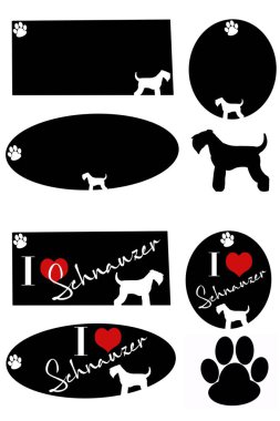 Set of graphic design resources themed around schnauzers, including stickers, silhouettes, and hand-drawn frames clipart