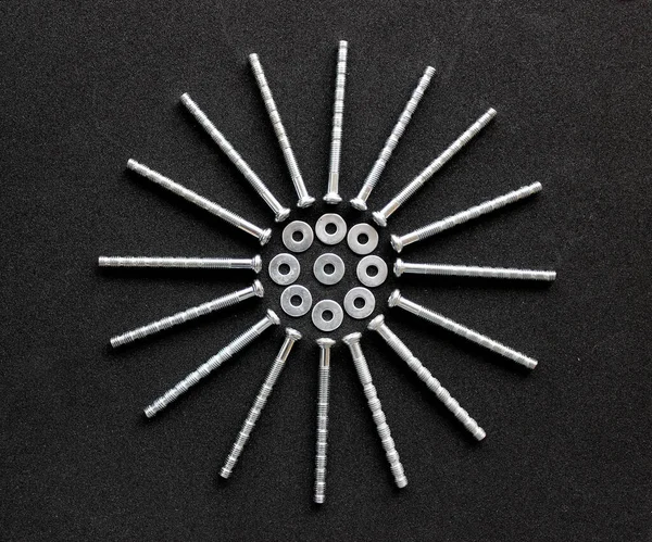 Flat Washers In Circle Of Cross Head Screw Bolts With Interrupted Thread Top View