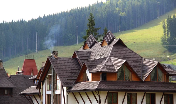 Complex Multiple Roof Country Cottage Hill Mountain Village Stock Фото — стоковое фото