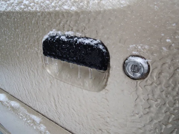 Frozen Keyhole Icicles Handle Vehicle Door Angle View Stock Photo — Stock Photo, Image