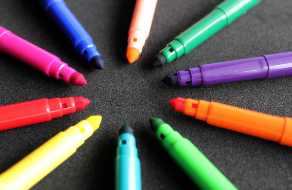 Round Pattern Of Colored Felt Pens Without Covers Angle View Closeup Stock Photo