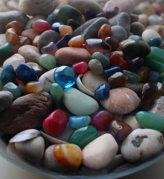 Pedras Semi Preciosas Misturadas Com Seixos Conchas Vaso Vidro — Fotografia de Stock