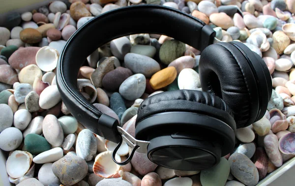 Modern Headphones On A Smooth Sea Rocks And Shells Angle View