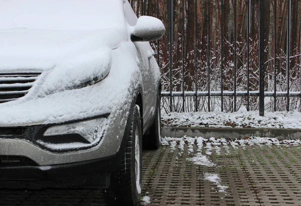 Snow Covers Vehicle Parked Front Metal Fence Outdoor Parking — 스톡 사진