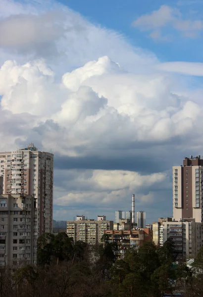 stock image Vertical Cityscape With Multi Storey Apartments, Pine Park And Smokestack Of Thermal Power Plant 