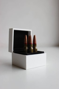 Açık kapak beyaz deri hediye kutusu içinde izole edilmiş üniter kartuşlar var. 