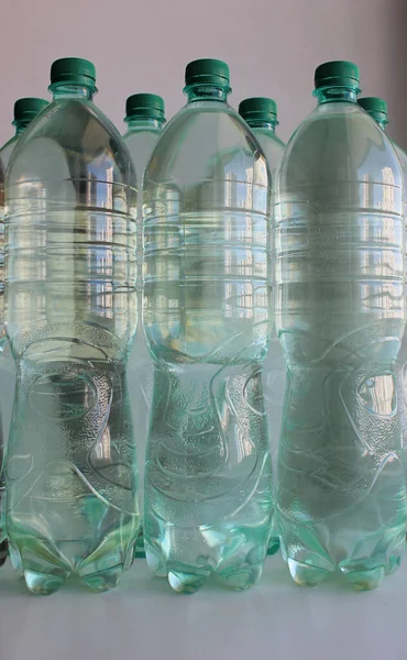 Transparent Bottles Drinking Water Stored Case Water Supply Shutdown — Stock Photo, Image