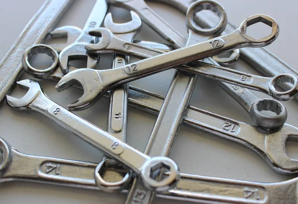 Laid Out Disarray Top Each Other Chrome Plated Wrenches Different — Stock Photo, Image