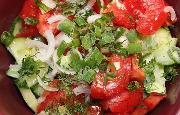 Hjemmelavet Salat Opskrift Bland Friske Skiver Grøntsager Olivenolie Drysset Med - Stock-foto