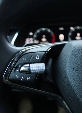 Arabanın içinde bulanık gösterge paneli olan ısıtmalı direksiyon kontrol düğmeleri.