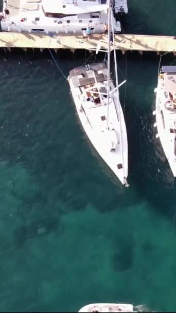 Verticale Video Van Parallel Docking Sail Yachts Naar Wooden Ligplaats — Stockvideo