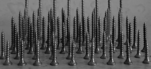 stock image Dark metal screws lined up in a rows in size comparison panoramic grayscale stock photo