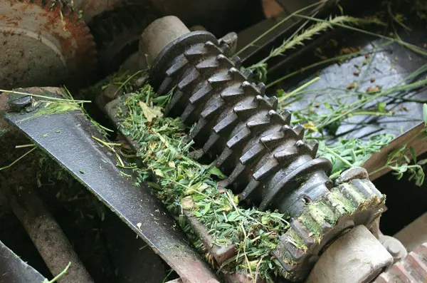 stock image Vintage Grass Shredder Machine With Rusty Gear Shaft 