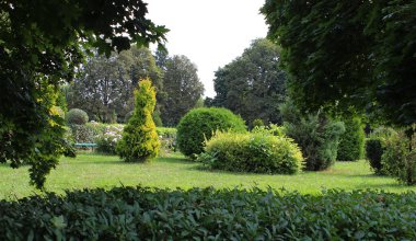 İyi korunmuş bir çimenliği, çeşitli budanmış ağaçları ve çalıları olan bir yer.