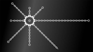 Zincirlere bağlı çark ve kenarlardaki diğer küçük dişliler. Beyaz dişliler ve siluet dolu zincirler ile siyah arka plan