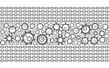 Tepede ve altta düzenli zincirler içinde dişli simgeleri olan bir sektör