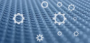 Farklı tasarımların şeffaf vitesleri, yuvarlak elementlerle fütürist materyalin arka planında noktalı çizgilerle birbirine bağlanıyor. Yapay çim ve modern malzemelerin geliştirilmesi