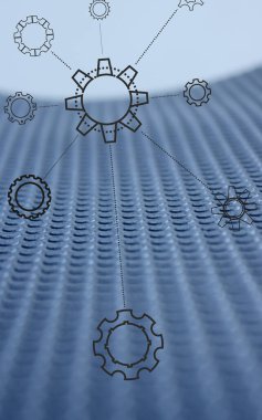 Farklı şekillerdeki şeffaf dişli tekerleklerinin siyah çizgileri ve gözenekli maddenin kıvrımlı kenarları ve çıkarılmış elementler. Mühendislik ve mekanik altyapılar için resim 