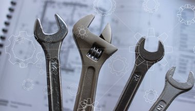 Saydam Gears with White Outlines Spanners 'daki Noktalı Çizgiler ve Bulanık Kağıt Çizim Üzerine Ayarlanabilir Kırbaç 