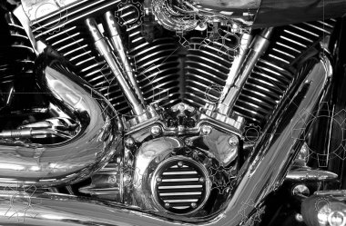 Krom Kaplama Motosiklet Motorunun Önplanındaki Noktalı Çizgilere Bağlı Farklı Çarkların Beyaz Tasarımı