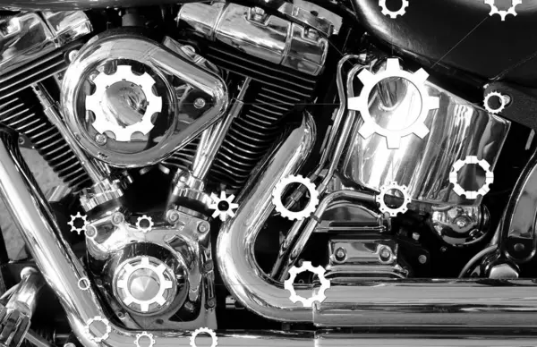 Çeşitli Dişlilerin Beyaz Siluetleri ve Çarkları V-yapılandırma Motoru Krom Parçalar ve Tüplerle