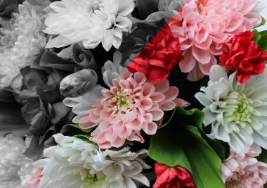 Güzel Çiçek Buketi Renkli ve Gri Tonlama Bölümlerinde Renklere bölündü. İkilik ve Kırık Duygular Kavramsal Fotoğraf 