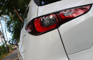 Ağaçlar arasındaki kır yolunda beyaz bir SUV 'un arka lambası ve aynası.  