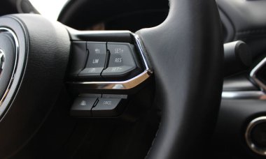 Buttons for setting and reset the cruise control and speed limiter on the multifunctional leather steering wheel of a modern car