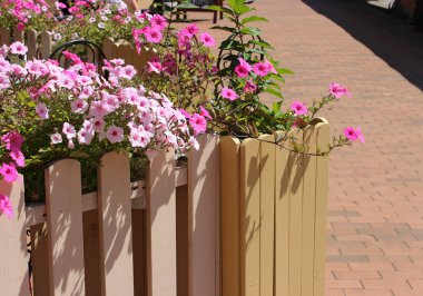 Etrafı çiçeklerle çevrili ahşap bir çitle çevrili açık bir verandanın köşesinde. 