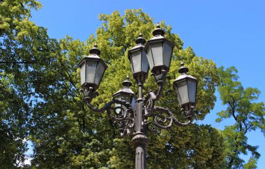 Lamppost 19. yüzyılda şehir parkında yeşil ağaçlara karşı mimari tarzda. Yeşil yapraklı siyah bir direkte klasik dekoratif sokak lambası. 