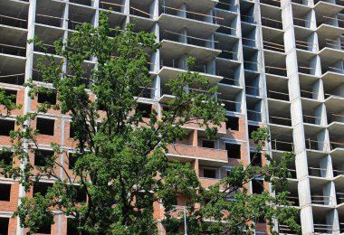 Yeşil Ağaçların Arkasındaki İnşaatın Beton Çerçevesi 