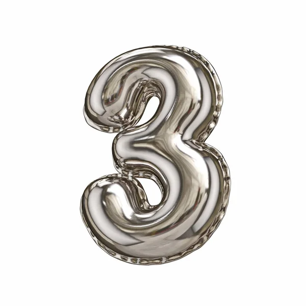 Silver Folie Ballong Teckensnitt Nummer Tre Rendering Illustration Isolerad Vit — Stockfoto