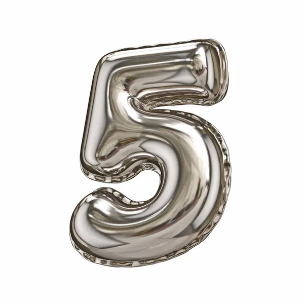 Silver Foil Ballon Lettertype Nummer Five Rendering Illustratie Geïsoleerd Witte — Stockfoto