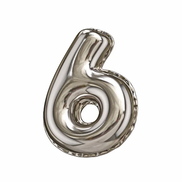 Silver Foil Balloon Font Number Six Rendering Illustration Isolated White — Stock Photo, Image
