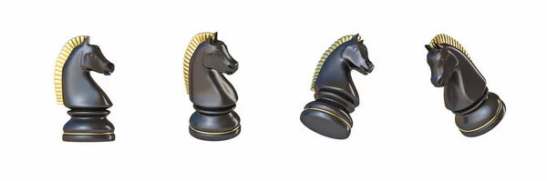 Черный Шахматный Рыцарь Четырех Различных Углов Зрения Рендеринга Иллюстрации Изолированы — стоковое фото