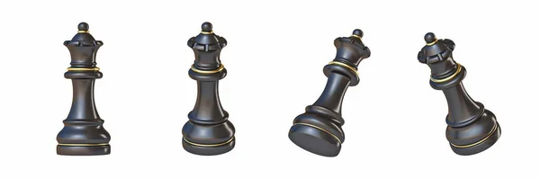 Черная Шахматная Королева Четырех Различных Углах Зрения Рендеринг Иллюстрации Изолированы — стоковое фото