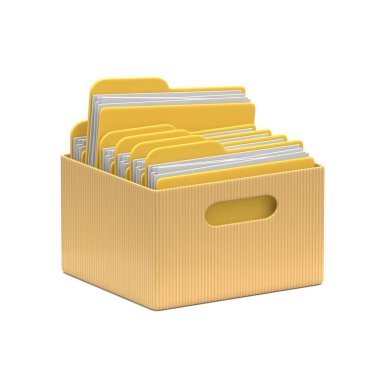 Cardboard box with yellow folders 3D rendering illustration isolated on white background clipart