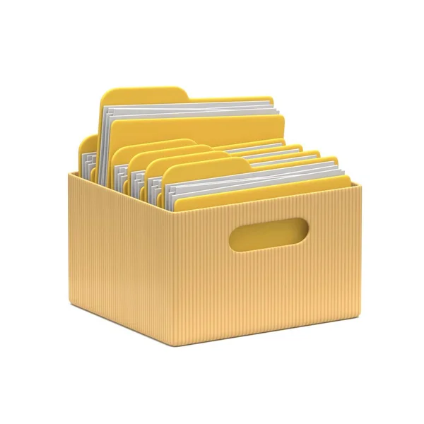 Cardboard Box Yellow Folders Rendering Illustration Isolated White Background — Stock Photo, Image
