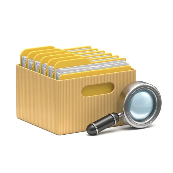 Cardboard Box Yellow Folders Search Glass Rendering Illustration Isolated White — Stock Photo, Image