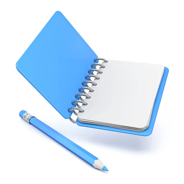 Blauer Leerer Notizblock Mit Blauem Bleistift Darstellung Isoliert Auf Weißem — Stockfoto